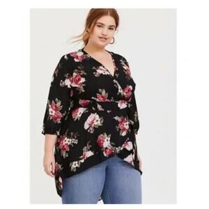 Torrid Black Floral Hi-Lo Tie Front Blouse Size: 1